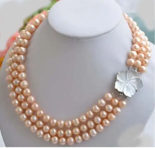 

free shupping 08151 HOT elegant 3 ROW 8-9mm NATURAL PINK South Sea Pearl NECKLACE AAA