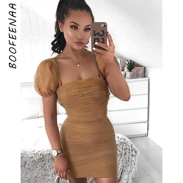 Best Price BOOFEENAA Brown Sheer Mesh Sexy Bandage Dress Women Night Club Party Puff Sleeve Ruched Mini Bodycon Dresses New 2019 C66-AB99