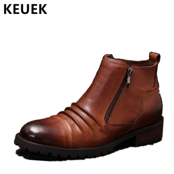 

Vintage Men boots Genuine leather Side zipper Chelsea Boots Autumn Winter Male shoes British fashion Ankle boots 033