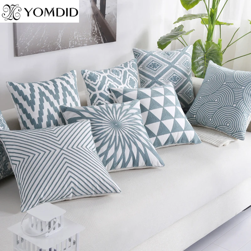 

Embroidered Cushion Cover Blue Lines Comfortable Simple Decorative Pillow Case Chair Sofa Car Geometric Pillow Cover Home Decor