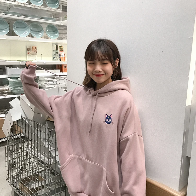 

DAYIFUN Embroidered Moon Cat Pink Hoodies Women Kawaii Korean Style Loose Sweatshirt Hooded Pullovers WT38