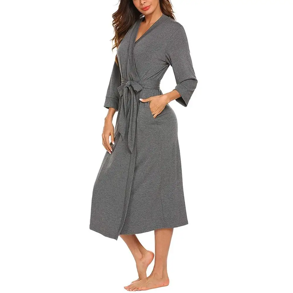 

Women's Bathrobe Cotton Robe Women's Kimono Pajamas 4/3 Sleeve V-neck With Belt Long Bathrobe Sleepwear Pijama Mujer ED