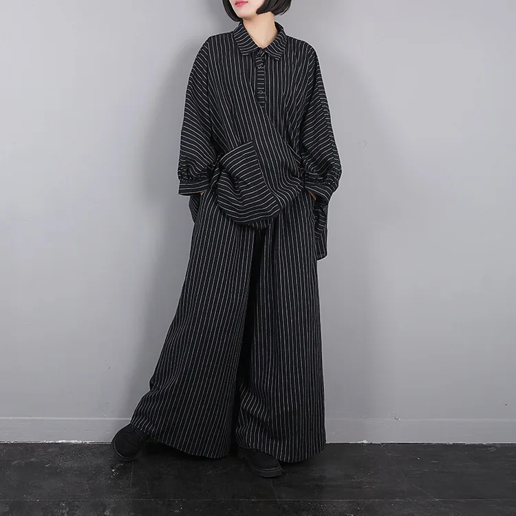 

LANMREM 2019 Loose Black Striped Large Size Contton Linen Tops + Wide Leg Pants spring Womne's Two Pieec Set Big Pockets YE77501