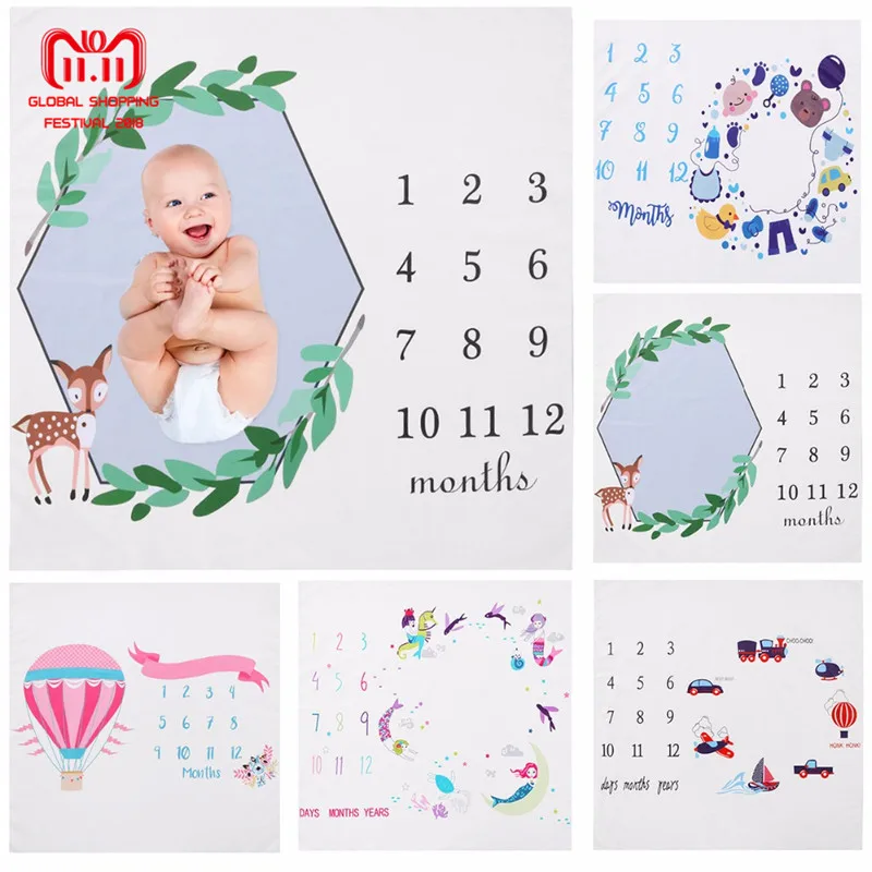 

Newborn Baby Monthly Growth Milestone Blanket Swaddle Wrap Letter Cartoon Print Background Photography Prop Infant Bathing Towel
