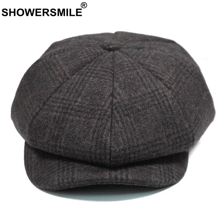 SHOWERSMILE брендовая клетчатая кепка Newsboy, Мужская винтажная шерстяная восьмиугольная кепка, Мужская теплая зимняя шапка для художника, серая кепка в британском стиле, s и головные уборы