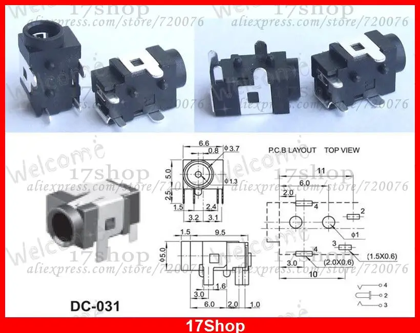 20PCS 4pin 3.5mm X 1.3mm DC socket jack FOR Female PCB Charger Power Plug DC-031 