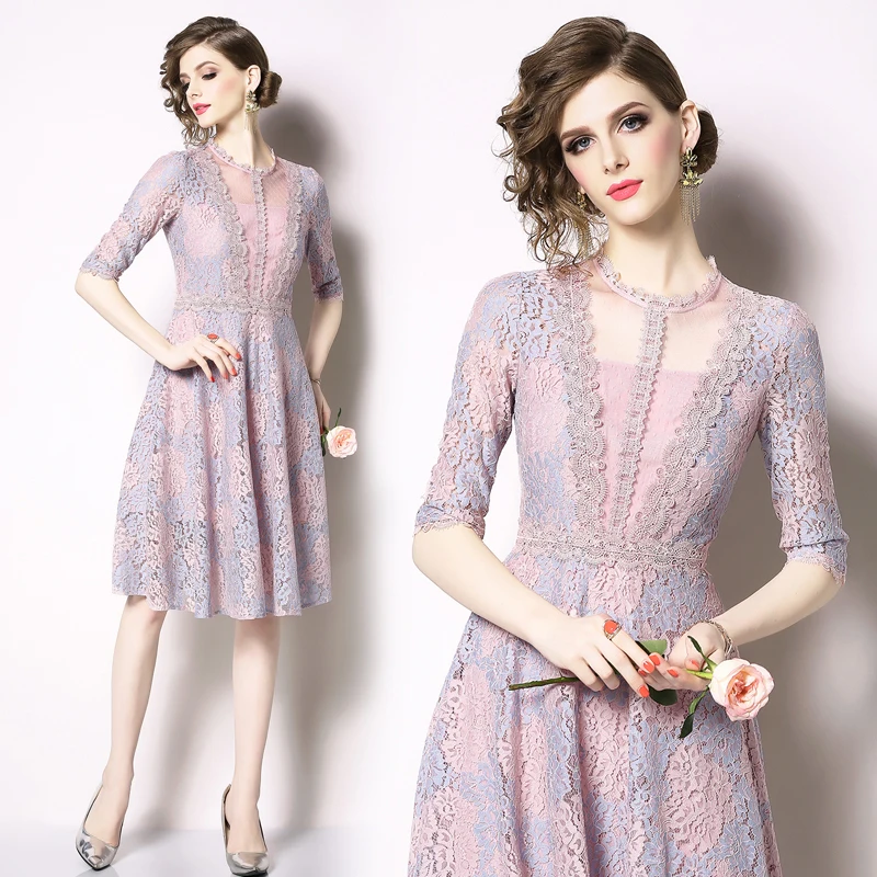 New Elegant Women Lace Party Dress Summer Dress Seeet Women Dress Temperament Pink Short Dress