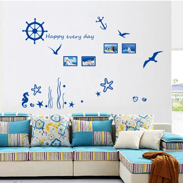 

Mediterranean Style Blue Ocean Star Fish Sea Horse Sea Gull Removable Photo Frame PVC Wall Sticker AY6045