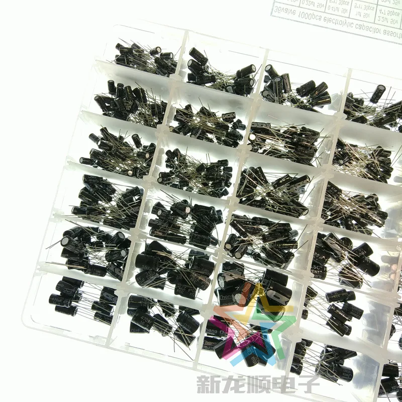 

36 values 1000pcs 0.1UF 50V 4*7 ~ 1000UF 16V 8*16 100UF 220UF 330UF 470UF 680UF Electrolytic Capacitor Assortment Box Kit