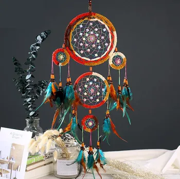 

Feather Crafts Dream Catcher Brown Wind Chimes Handmade Indian Dreamcatcher Net for Wall Hanging Car Home Decoration
