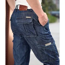 Модные джинсы Брюки-Карго Для мужчин Брендовые джинсовые штаны прямые Свободные мешковатые непринужденные брюки с большими карманами синий плюс Размеры Для мужчин одежда