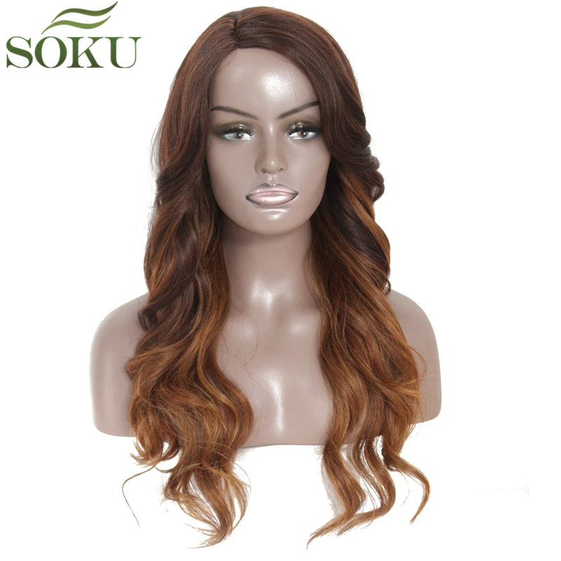 Ombre Brown Synthetic Lace Wigs With Bang Side Part Long Wave Wigs For Black Women Glueless Heat Resistant Fiber Wig SOKU