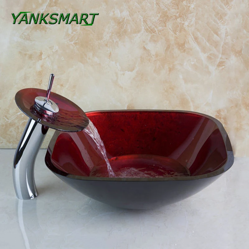 YANKSMART Square Red Bathroom Artistic Tempered Glass ...