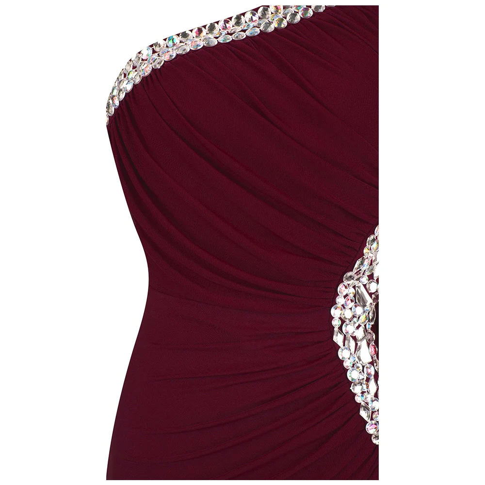 Женское длинное вечернее платье Angel fashions бордовое плиссированное на одно плечо с