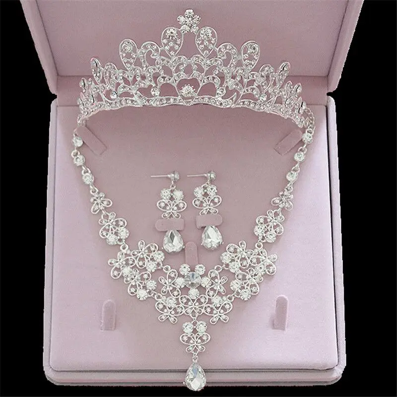 

Luxury Crystal Rhinestone Crown Necklace Earring Jewelry Sets Bridal Tiara Necklaces Earrings Sets for Women Fashion