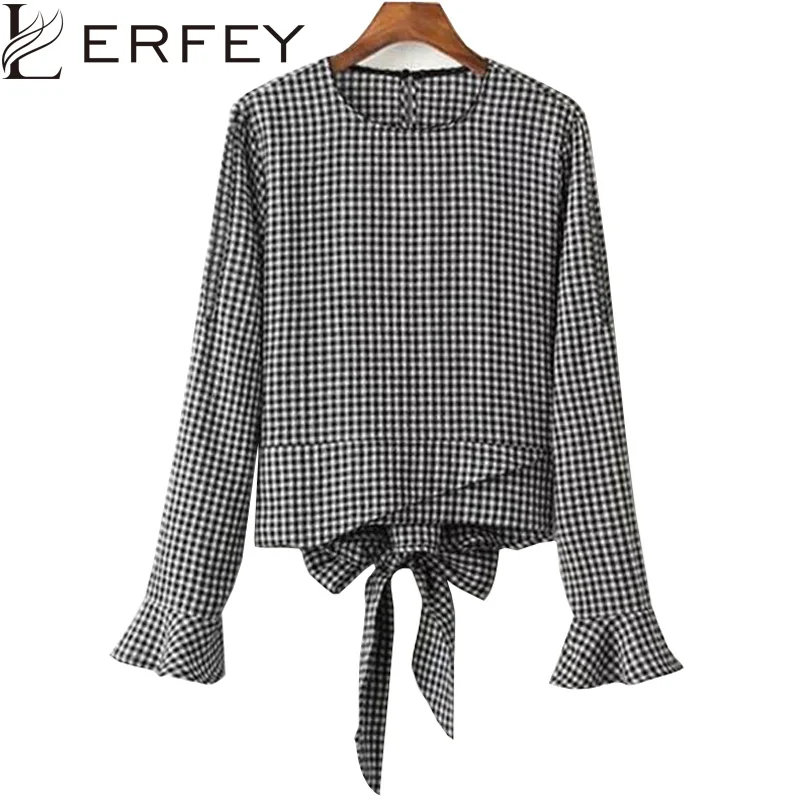 LERFEY Women Houndstooth Blouse Flare Sleeve O Neck Plaid Shirt Spring