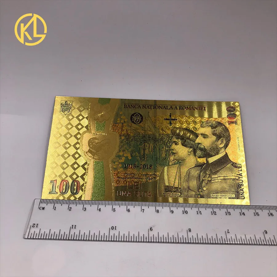 

HOT 1pc Colored Gold Banknote Romanian 100 Lei souvenir Currency for 100th anniversary of the unification of Romania