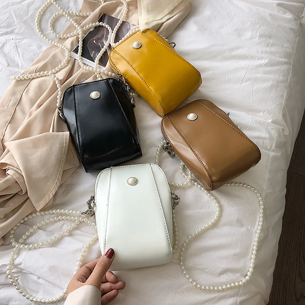 

retro shoulder bag for women Pearl Beading Crossbody Messenger Bag phone Pouch female zipper PU leather vintage Shoulder Bag