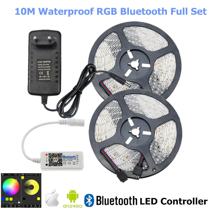 

10m LED Lights RGB Waterproof Strip Tape DC 12V 60leds/m Lamp With IOS Android Bluetooth Controller+ 3A LED Adapter EU US Plug