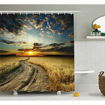 

Vixm Nature Shower Curtain Road in the Field with Ripe Yellow Wheat Garden under Cloudy Sunset Sky Landscape Bath Curtains