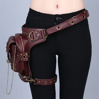 

Women Brown Leather Steampunk Mini Waistbag Motorcycle Leg Thigh Holster Bag Party Cosplay
