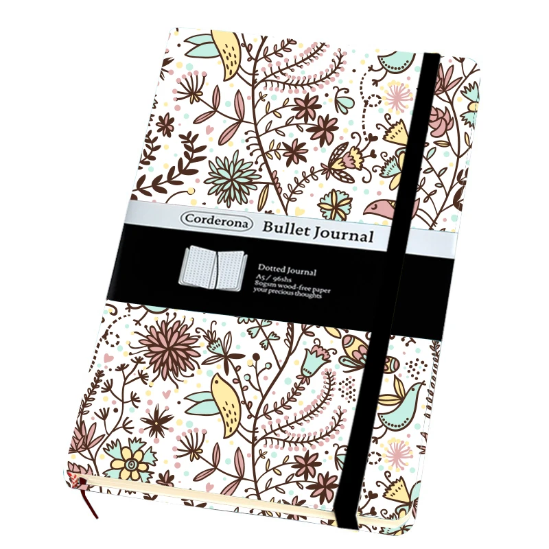 

[Customize] Floral Dot Grid Hard Cover A5 PU Bullet Notebook Elastic Band Travel Dotted Journal Bujo OEM