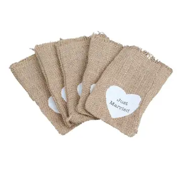 

Lot of 10 Just Married Rustic Jute Candy Pouch Wedding Gift Bag