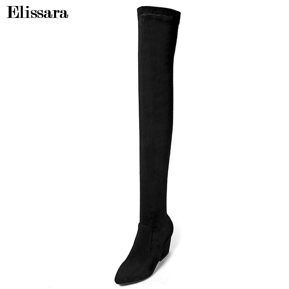 

Elissara Women High Heels Over Knee Boots Women Faux Suede Thigh High Boots Fashion Stretch Pointed Toe Boots Shoes Plus Size
