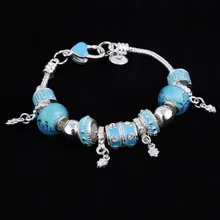 Для женщин бусины для детей браслет голубой Стекло Серебряный с натуральным камнем покрытием очарование Браслеты и ногу модные свадебные украшения