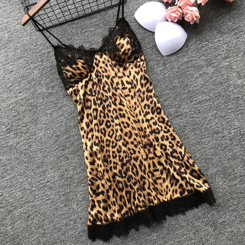 Женское сексуальное леопардовое Белье для сна, кружевное, с v-образным вырезом, без рукавов, ночное белье, кружевное платье, короткое s-xl