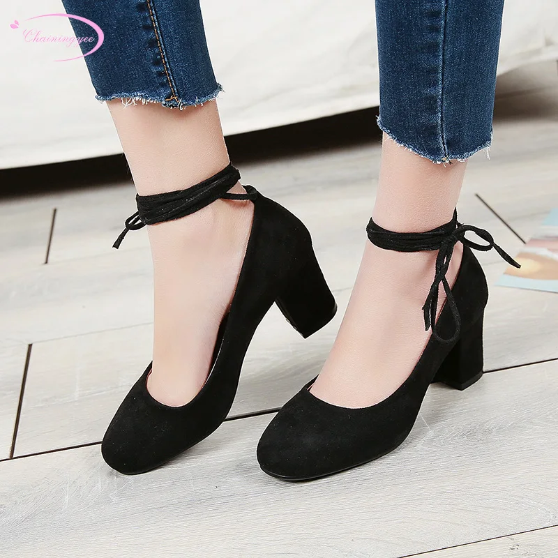 

Chinese casual style comfortable square toe pumps fashion ankle straps beige khaki black thick high heels women shoes