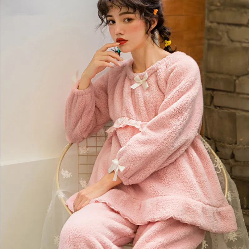 Зимняя одежда для нового месяца, плотная теплая Фланелевая Пижама для беременных женщин, домашняя одежда для кормления грудью, однотонный повседневный костюм - Цвет: Розовый