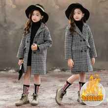 Зимние хлопковые длинные куртки для девочек Детская верхняя одежда для малышей повседневное шерстяное пальто в клетку с отложным воротником