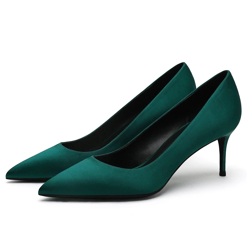 Элегантные женские туфли-лодочки высококачественные шелковые туфли с острым носком на высоком тонком каблуке 6 см, 8 см, 10 см, Классические Вечерние туфли для офиса женская обувь зеленого цвета, E0041 - Цвет: 6cm Heel Height