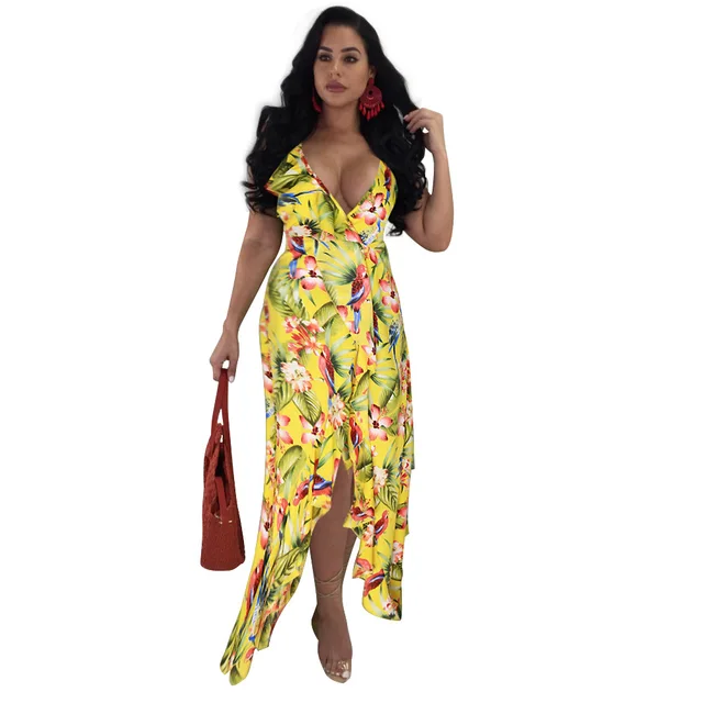Cheap 2018 New Irregular Floral Print Beach Cover Up Dress for Women Split Sexy Slim Beach Dress V-neck Backless Beachwear Cover-Ups