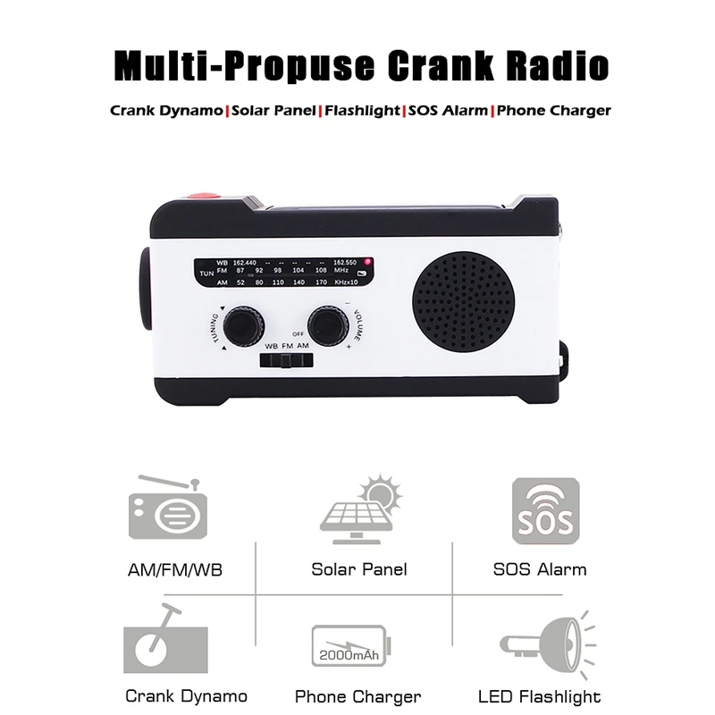 Переносной Am/Fm радио ручной генератор радио на солнечной энергии с фонариком 2000 мАч Зарядное устройство для телефона