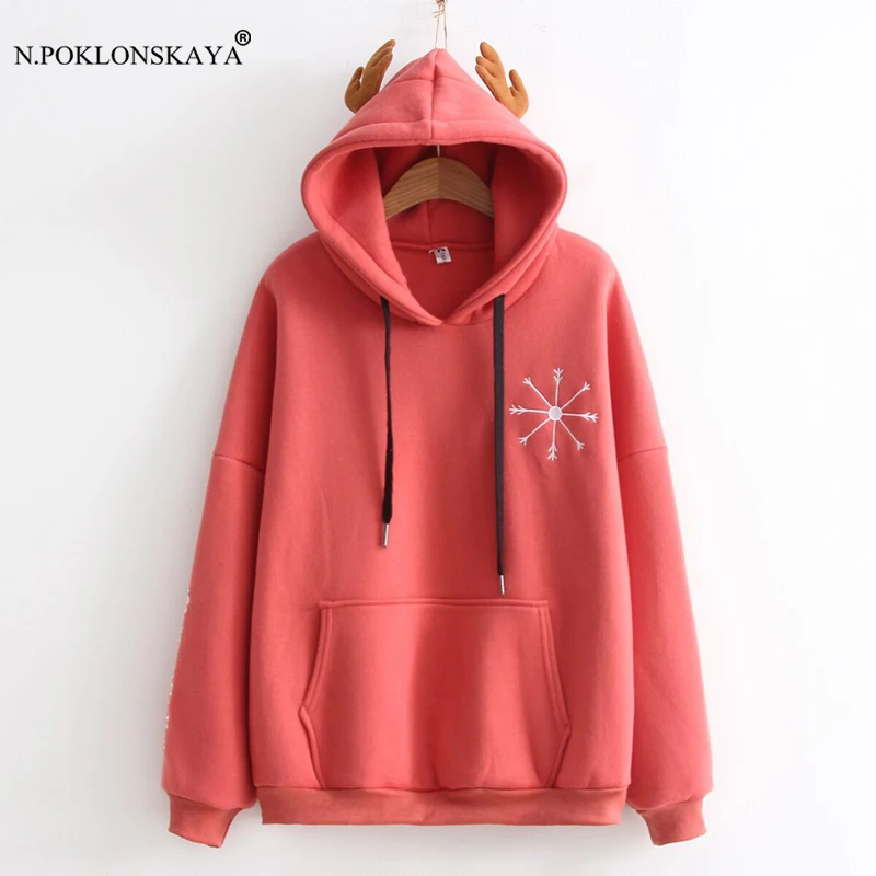 

N.POKLONSKAYA Women 2018 New Kawaii Sweatshirt Long Sleeve Pullovers with Horn Cute Winter Hooded Hoodies Harajuku Cotton Tops
