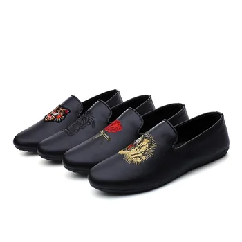 

Men's Fashion Casual PU Leather Loafers Man Summer Spring Embroidery Moccasins Shoe Mens Driving Flat Shoe