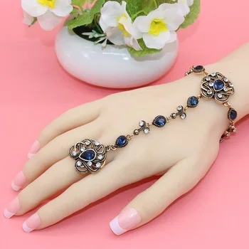 New Turkish Bracelets&Rings Women Antique Gold Plating Bijoux Exquisite Crystal Hand Back Chain Indian Floral Jewelry Gift