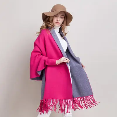Зимний женский элегантный кашемировый кардиган с кисточками, свитер, рукав летучая мышь, шарф, накидка, верхняя одежда, пончо - Цвет: Rose red