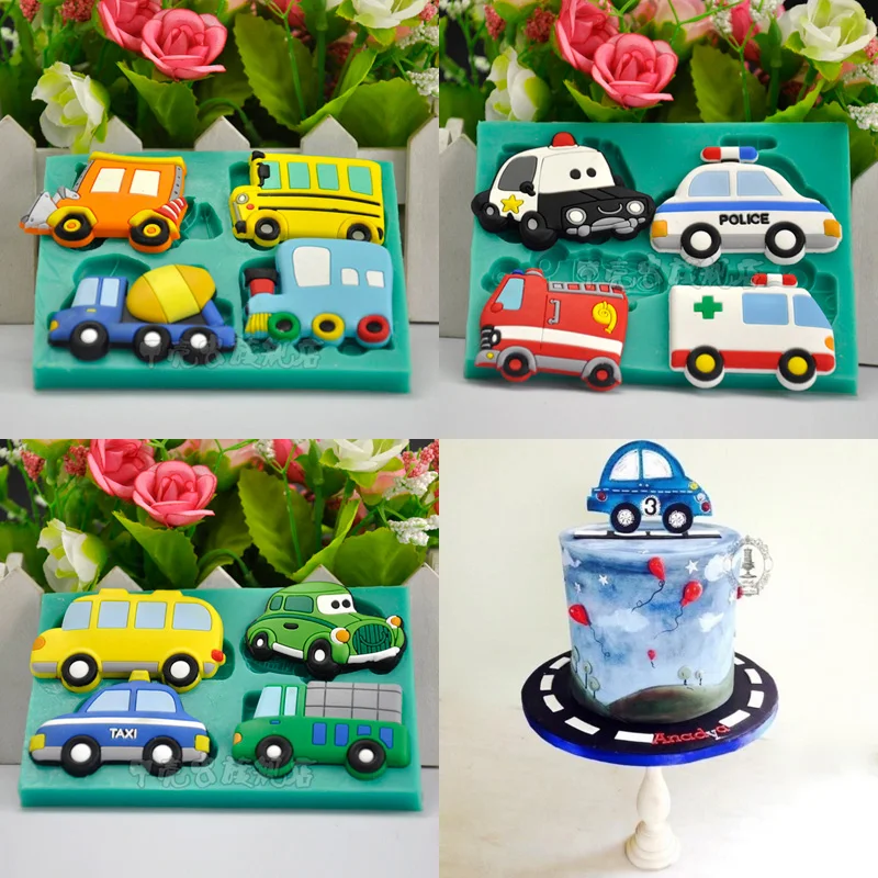 

1pcs ambulance Fire car Vehicle fondant cake silicone chocolate clay mold cupcake topper kids birthday gift