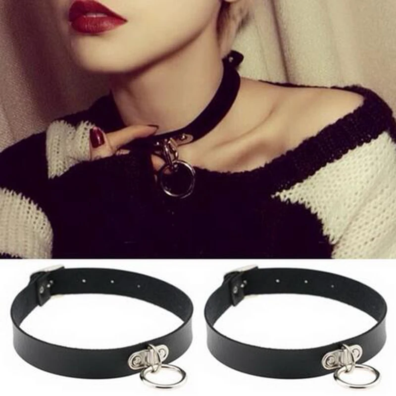 

2019 Fashion Gothic Punk Style Alloy Double Ring Pendant Snap Fastener PU Leather Choker Collar Accessories