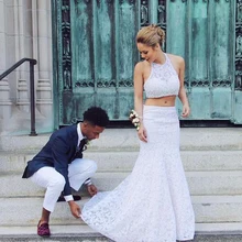 2016 elegante Wulstige Spitze Nixe-abschlussball Kleider Zweiteiler Weiß Abendkleid Fashion Lange Abschlussball-kleider Party Kleid Für Prom RT36