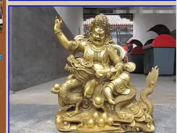 

hui88K8054<<<Tibet Brass Yellow Jambhala Buddha Statue Ride on Sit Dragon