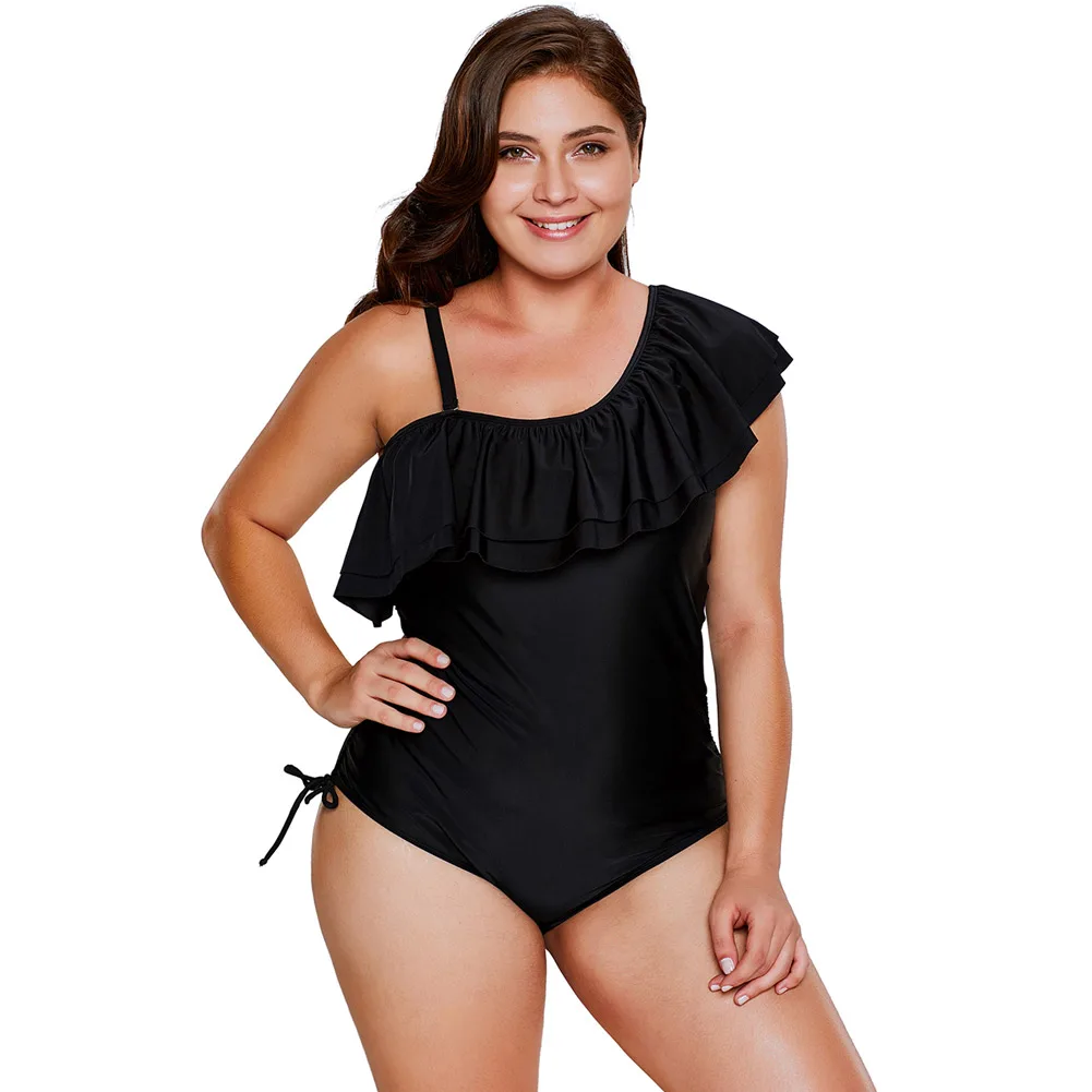 

PLUSLAND Summer Solid Color Sexy Women Bikini Slope One Shoulder Design Asymmetric Ruffled Neckline and Back One-piece Swimsuit