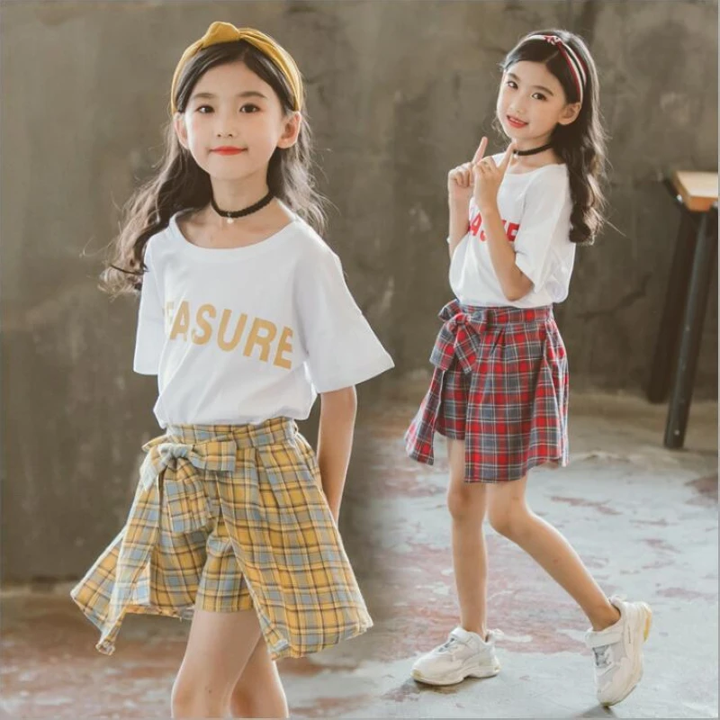 

2pcs Girls summer clothes sets Shoulder Solid Color Short Sleeve + Striped Shorts pants