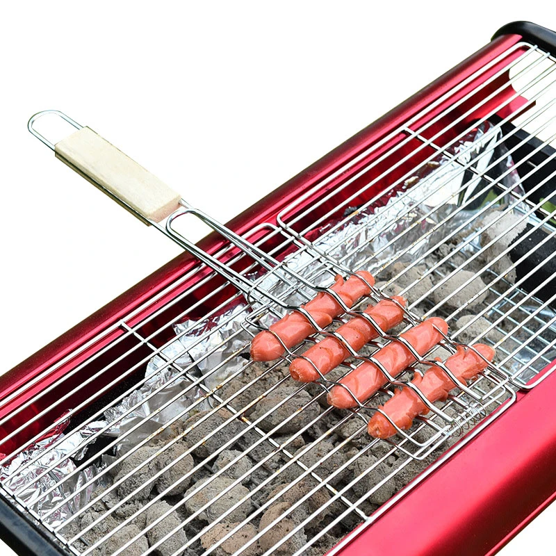 

Metal Grill Accessories Wooden Handle BBQ Sausage Grilling Basket Rack Hot Dog Mesh Clips Barbecue Tools Meat Fish