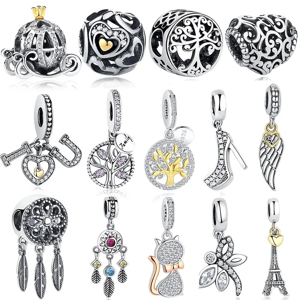 DIY Silver Charm Fit Original Pandora Bracelet Beads 925 Sterling Silver Love Dangle Charm Crystal Heart ,Flower,Tower,Tree Bead