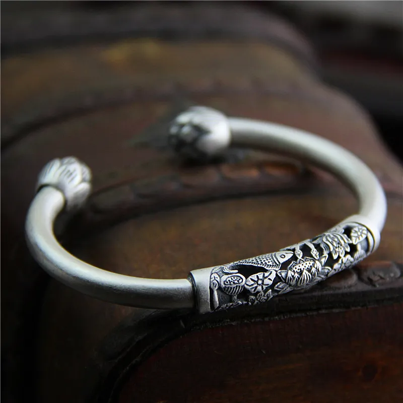 

Pure Silver Ethical 925 Sterling Thai Silver Bracelets & Bangles Vintage Open Size Lotus Fish Matt Cuff S925 Bangle Jewelry