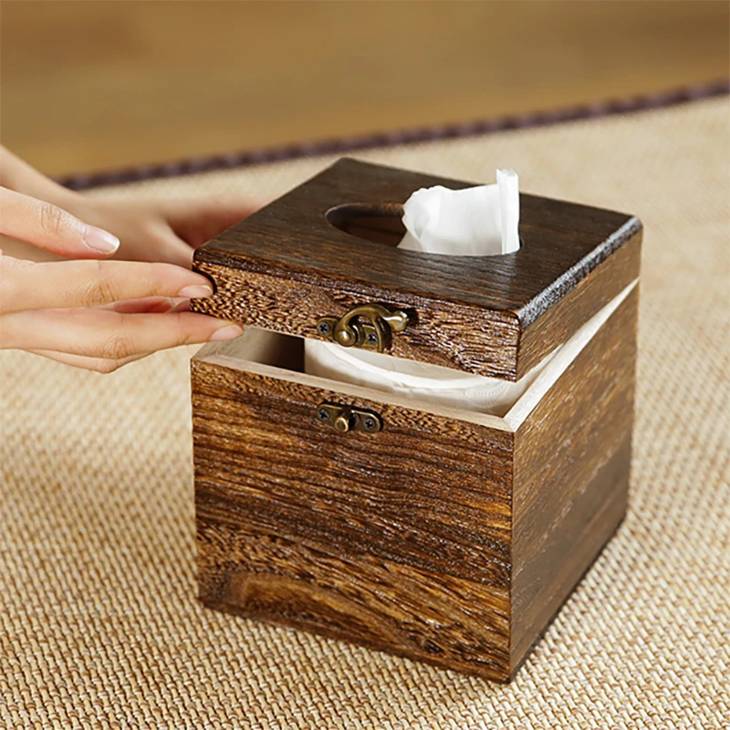 

Antique Paulownia Wood Tissue Box Square Shaped Napkin Holder Container Removable High Quality